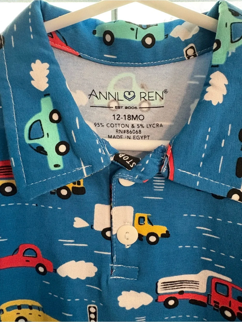 Ann Loren Blue Short-Sleeve Button Romper with Multicolor Car Print